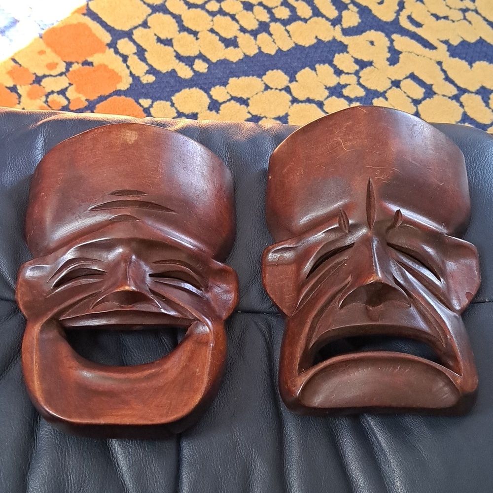 Vintage Hand Carved Happy Sad Wood Theater Mask 8 X 6.5"